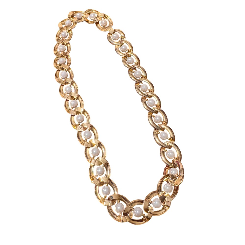 Vintage Gold Tone Faux Pearl Interlocking Link Statement Collar Necklace